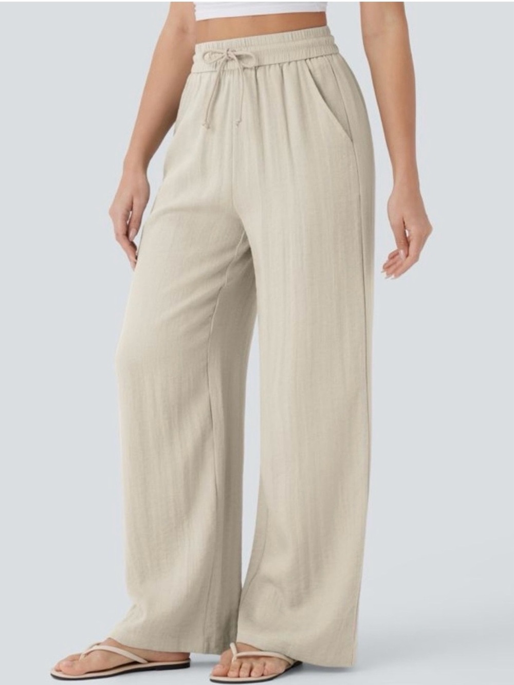 HALARA (M/Tall) Light Beige Wide Leg Drawstring Linen Pants